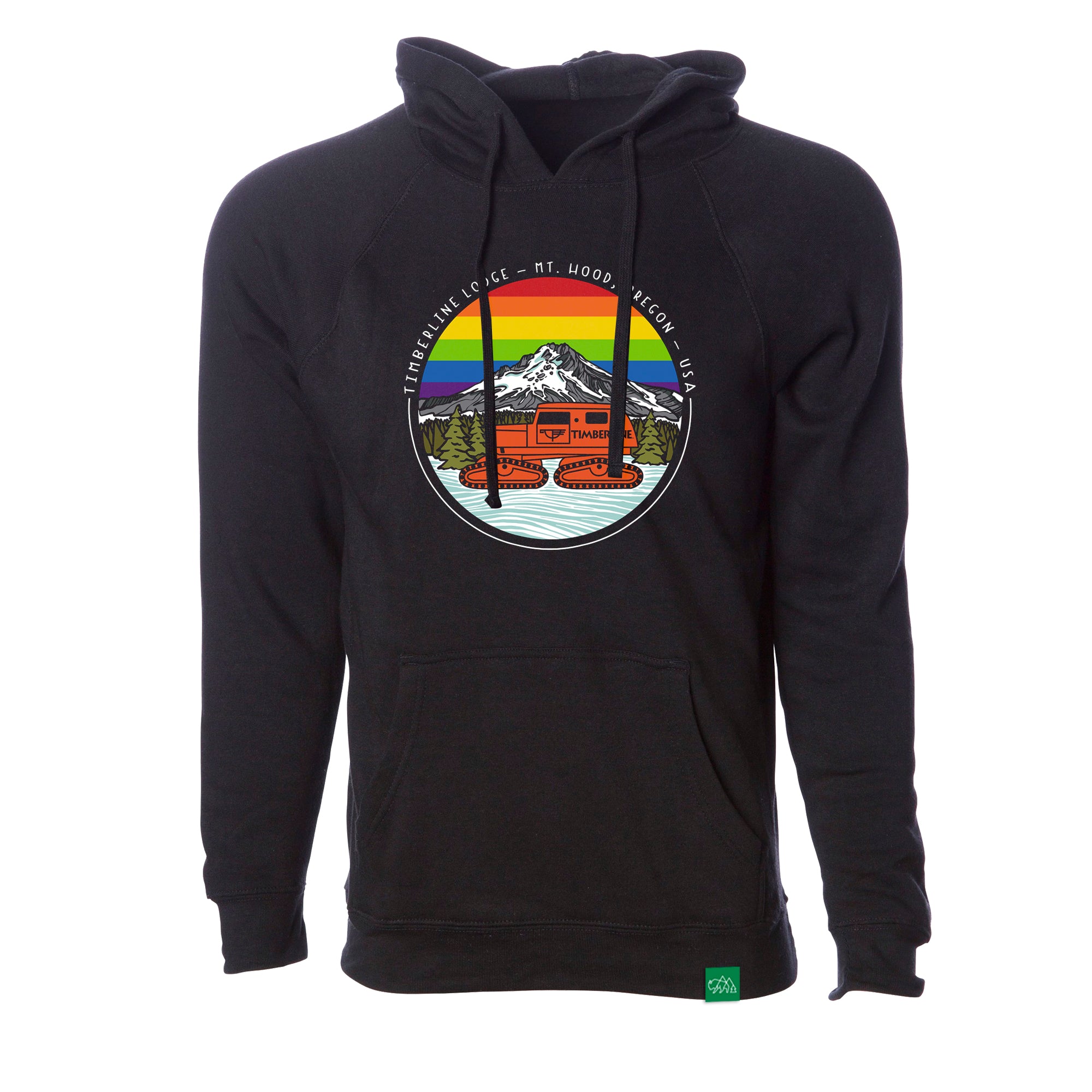 Tucker Pride hoodie with a rainbow mountain graphic design on the chest featuring Mount Hood and a nature-inspired badge by Timberline Lodge.