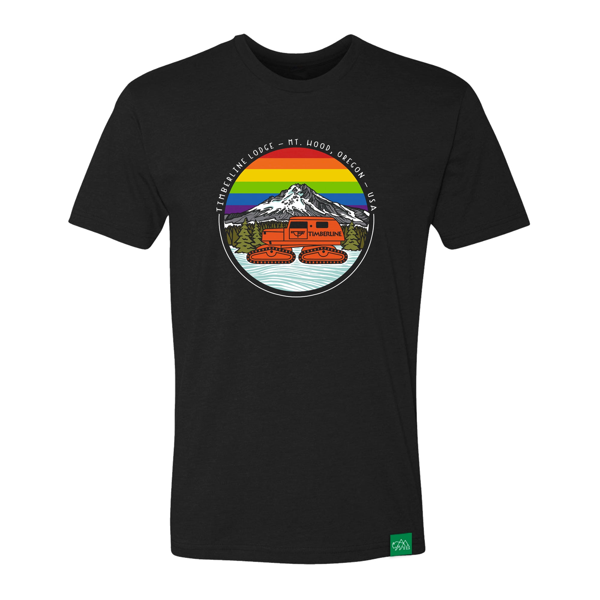 Tucker Pride tee with a rainbow mountain graphic design on the chest featuring Mount Hood and a nature-inspired badge by Timberline Lodge.