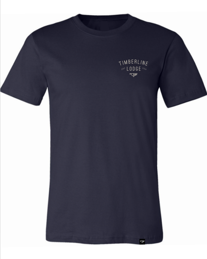 A plain navy blue t-shirt with a small "Timberline Lodge Arrowhead Fire" logo on the left side of the chest area.