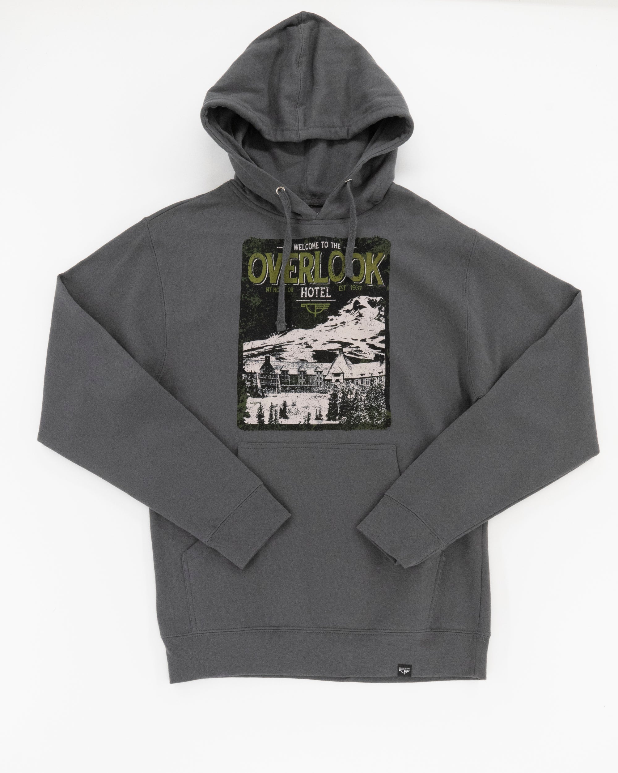 A gray hooded sweatshirt with a graphic design featuring the Timberline Lodge from a fictional setting, laid out flat against a white background.