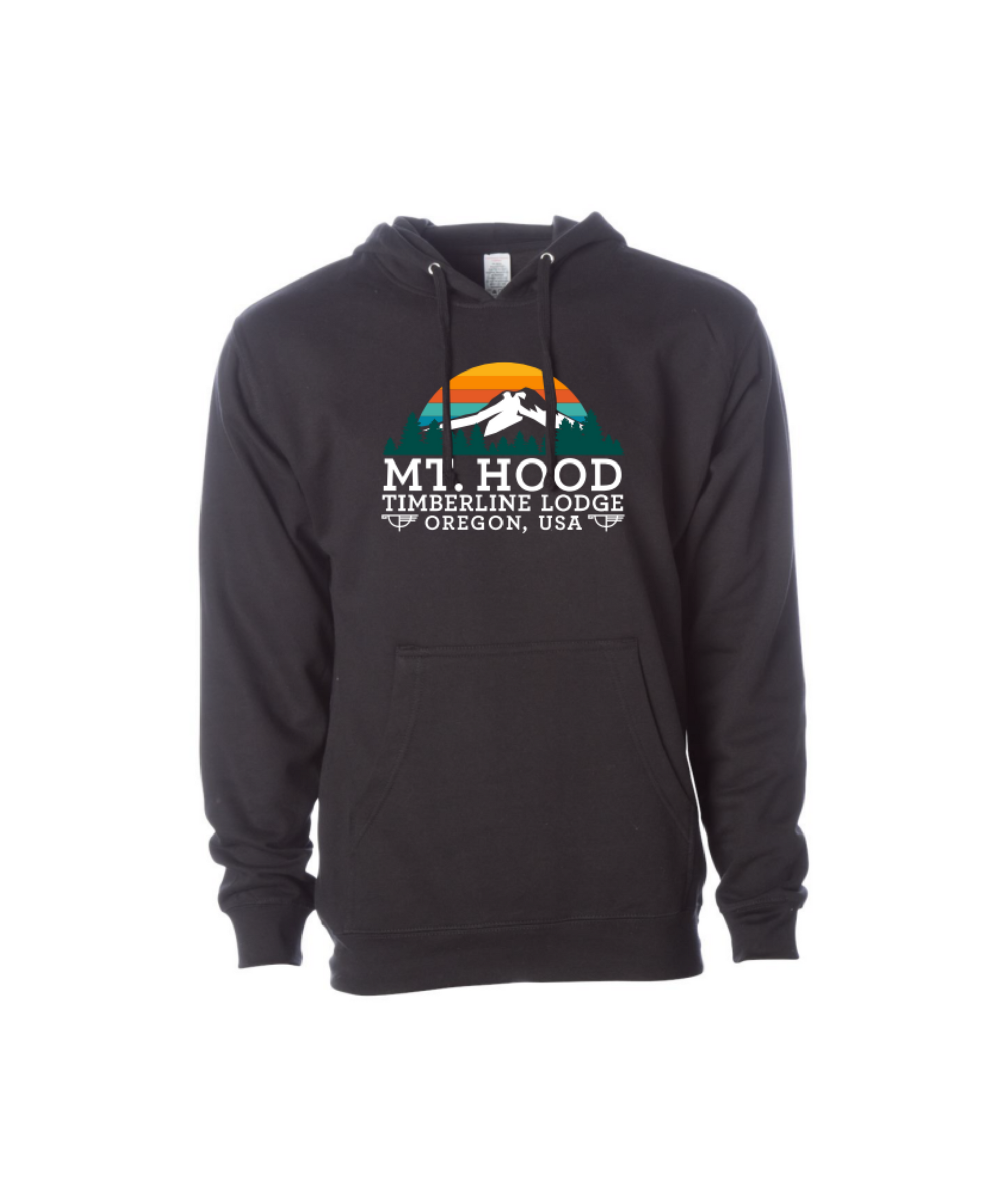A black hoodie with a colorful graphic design featuring "Mt. Hood Timberline Lodge Oregon, USA" at **Daybreak** on the chest.