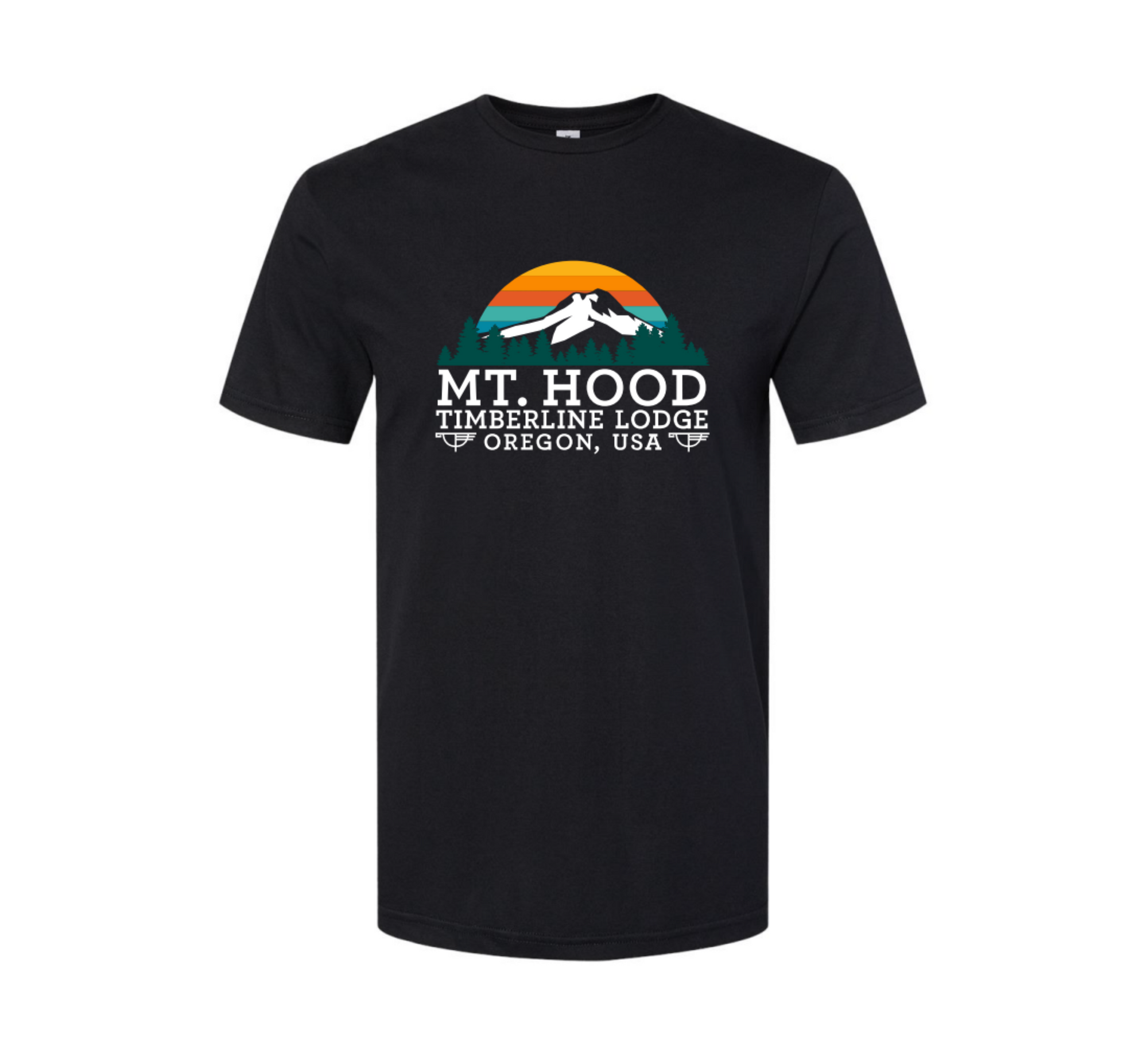 A black Tee shirt with a colorful graphic design featuring "Mt. Hood Timberline Lodge Oregon, USA" at **Daybreak** on the chest.