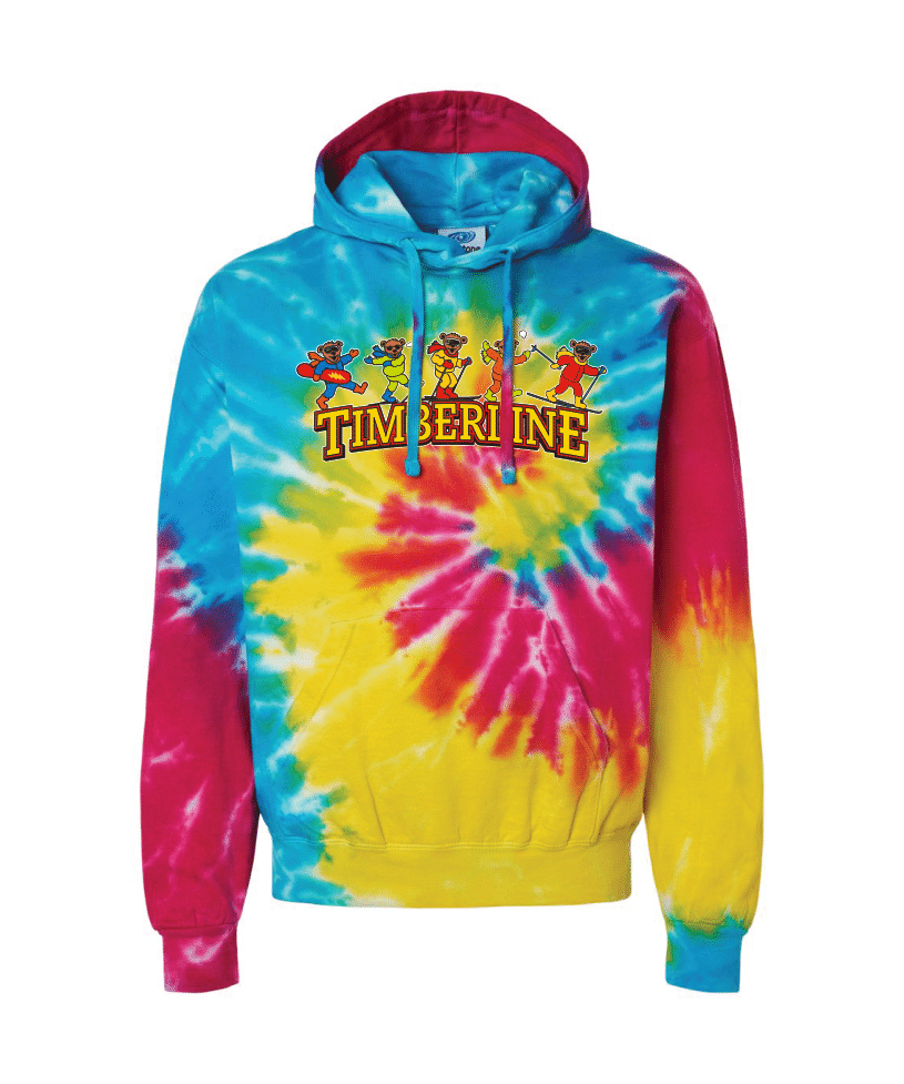 Colorful tie-dye hoodie with "timberline" text graphic on the chest.