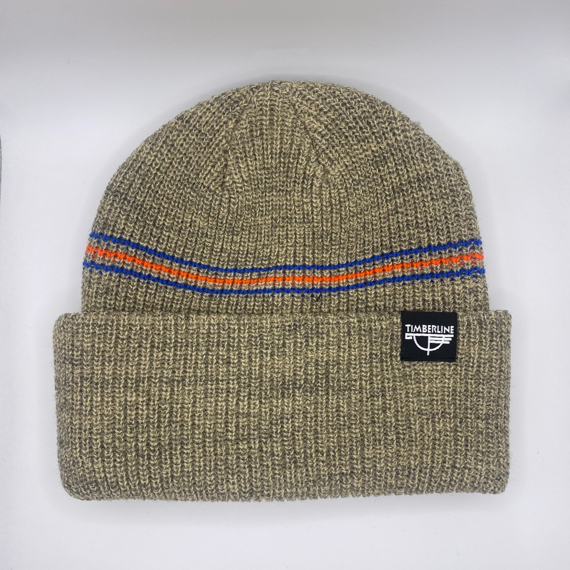 Knitted beanie with color stripes on a white background