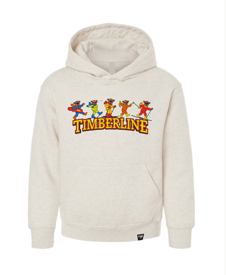 Beige hoodie with colorful graphic design on a white background