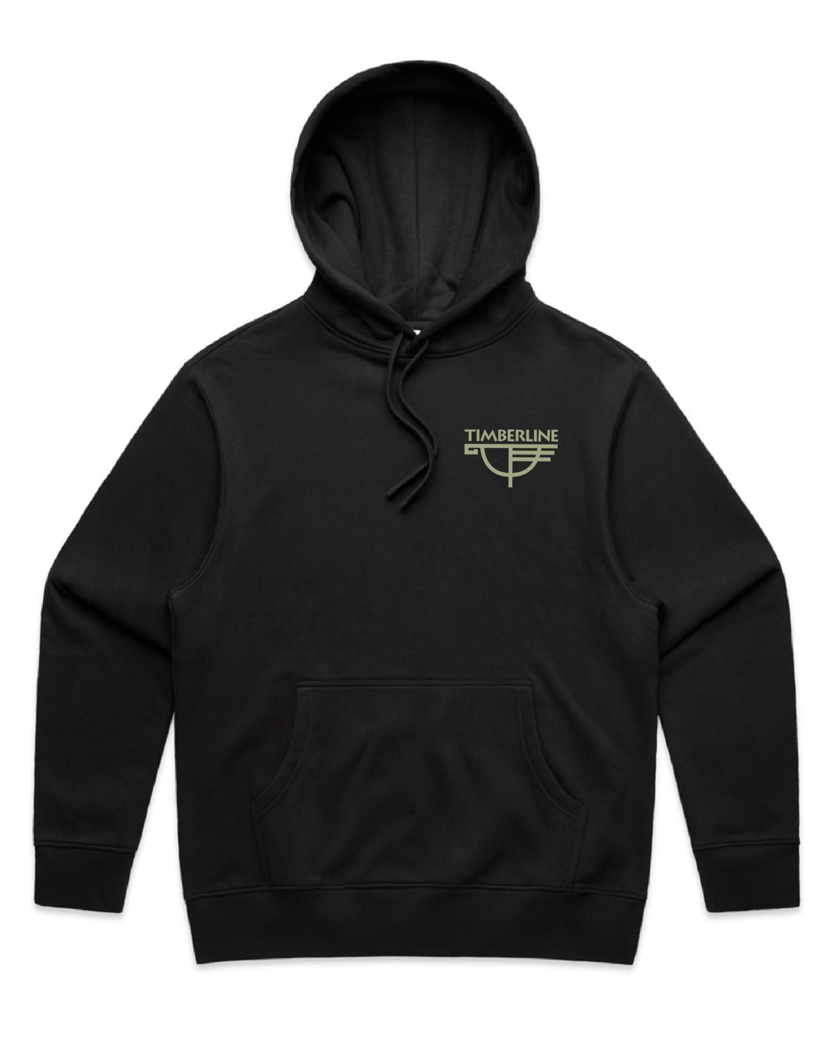Black hoodie with a logo on the chest against a white background