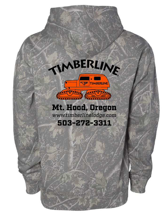 Gray camouflage hoodie with Timberline Lodge logo and contact information on a white background