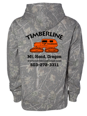 Gray camouflage hoodie with Timberline Lodge logo and contact information on a white background